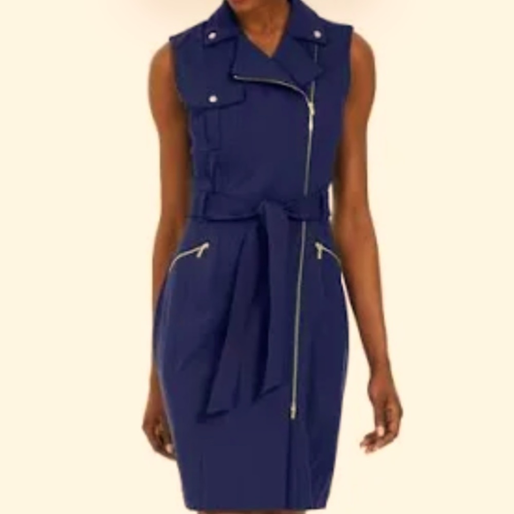 Calvin Klein Moto Dress Sz 10 Navy Blue